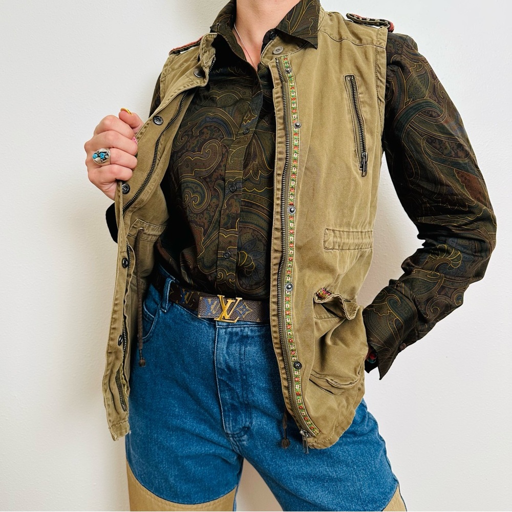 Dylan Utility Vest Military Green Jacket Boho Embroidered